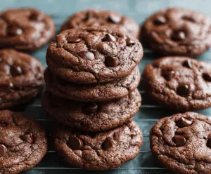 Delicious double chocolate chip cookies fresh out of the oven with gooey chocolate chips.