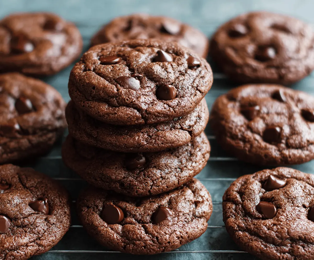 Delicious double chocolate chip cookies fresh out of the oven with gooey chocolate chips.