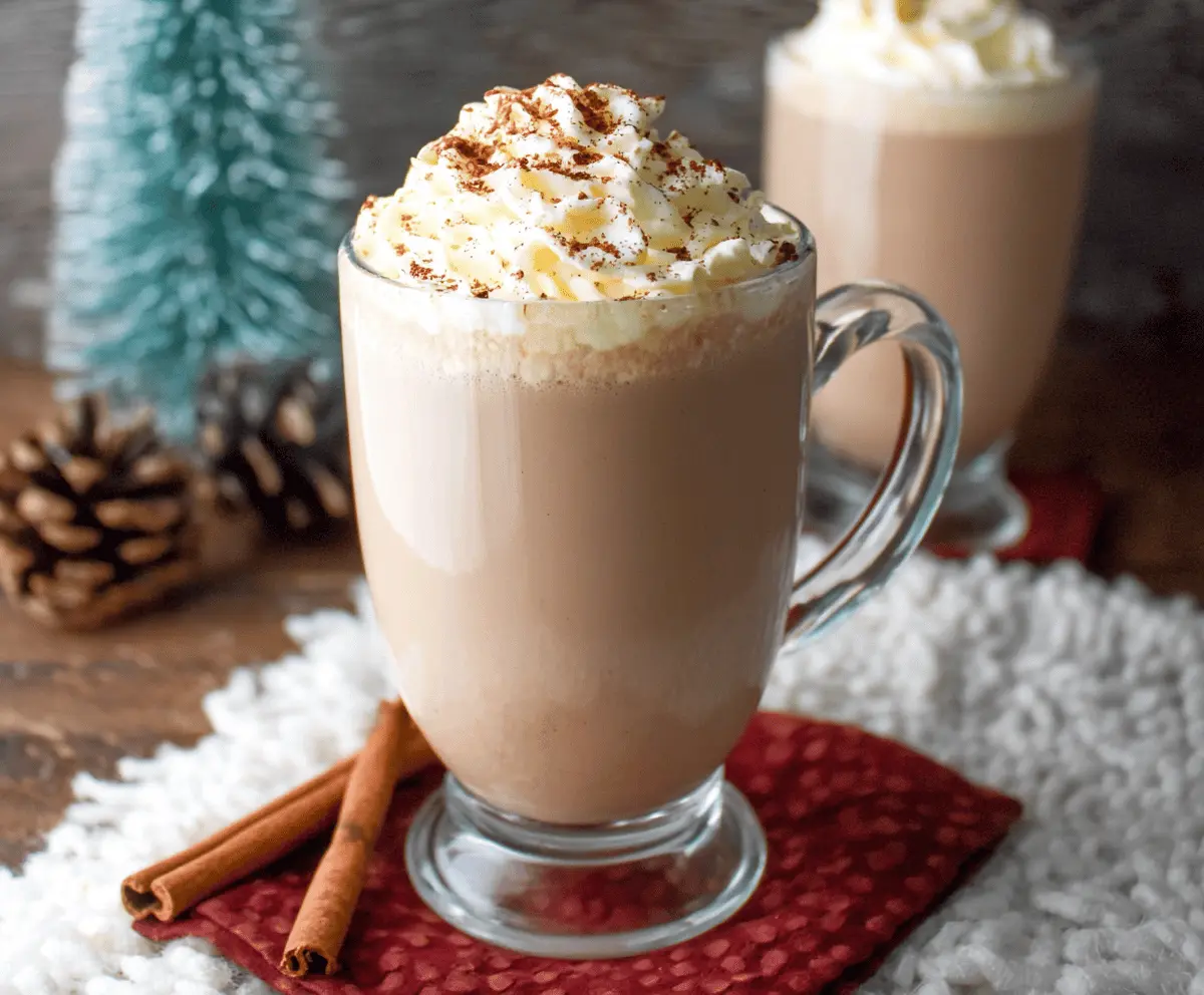 Creamy Eggnog Hot Chocolate served in a mug with whipped cream and a sprinkle of nutmeg