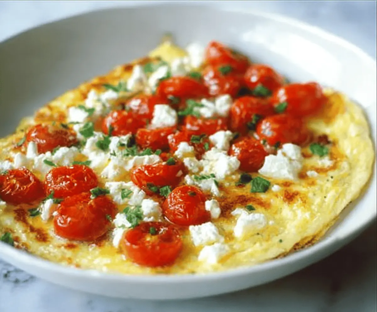 Delicious feta and tomato omelet garnished with fresh herbs for a healthy breakfast.
