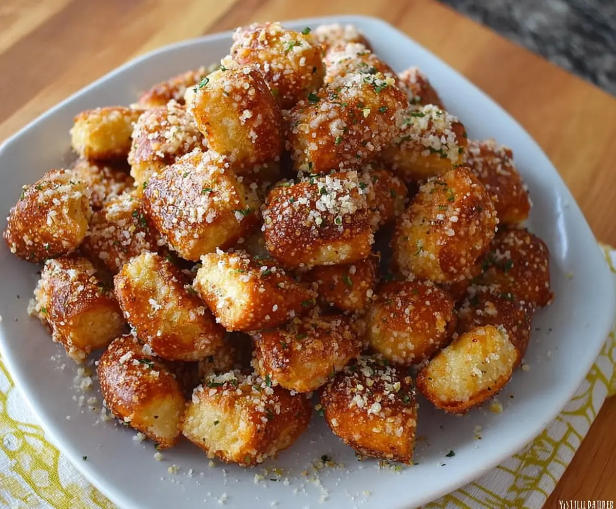 Delicious garlic parmesan pretzel bites served on a rustic platter, perfect for snacks or appetizers.