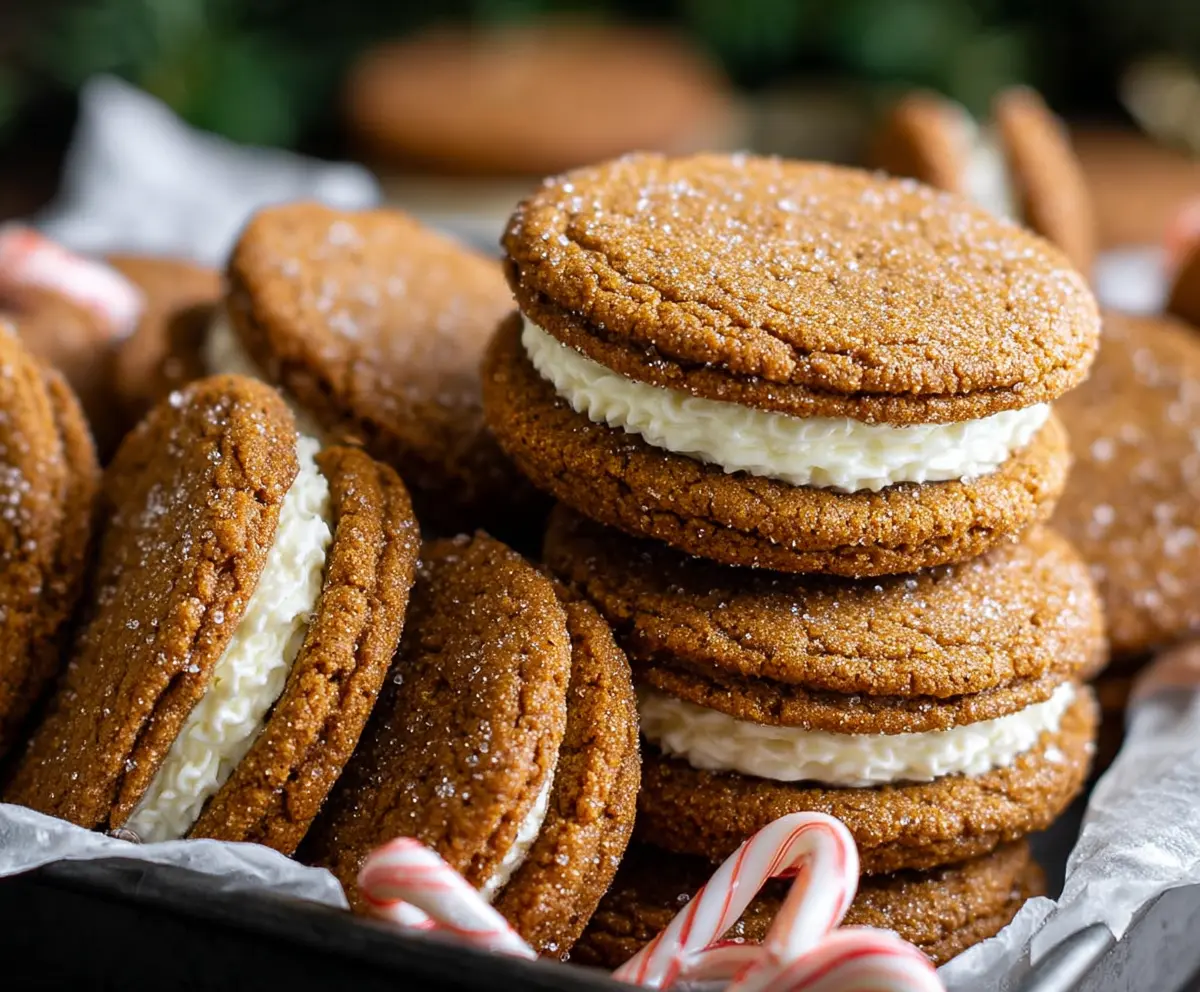Delicious gingerbread sandwich cookies with creamy filling, perfect for the holidays.