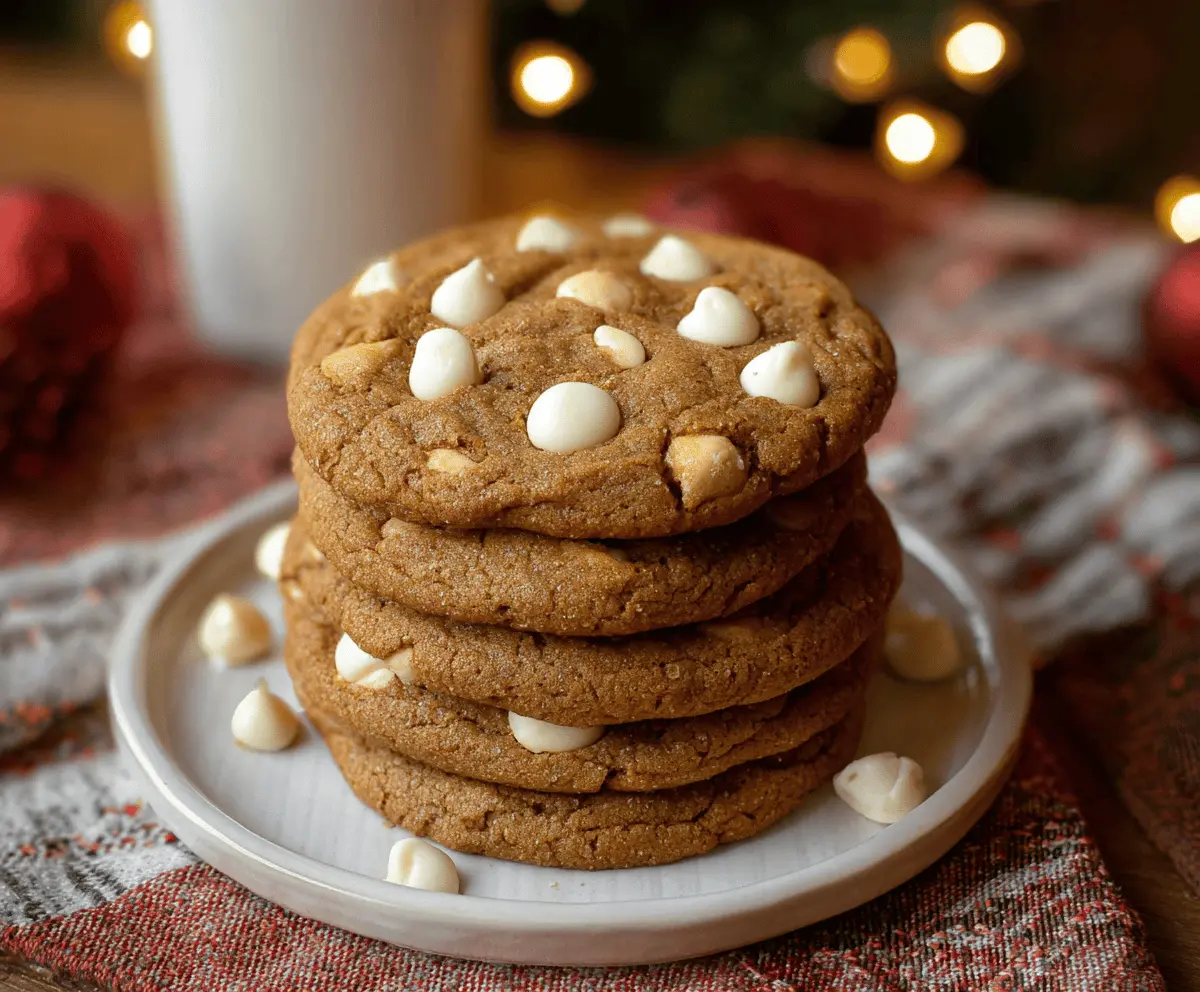 Delicious gingerbread white chocolate chip cookies fresh out of the oven, showcasing warm spices and melty white chocolate chips.