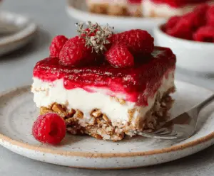 Delicious gluten-free raspberry pretzel salad with fresh berries and crunchy pretzels.