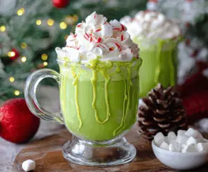 Festive Grinch Hot Chocolate with green whipped cream and holiday sprinkles in a decorative mug