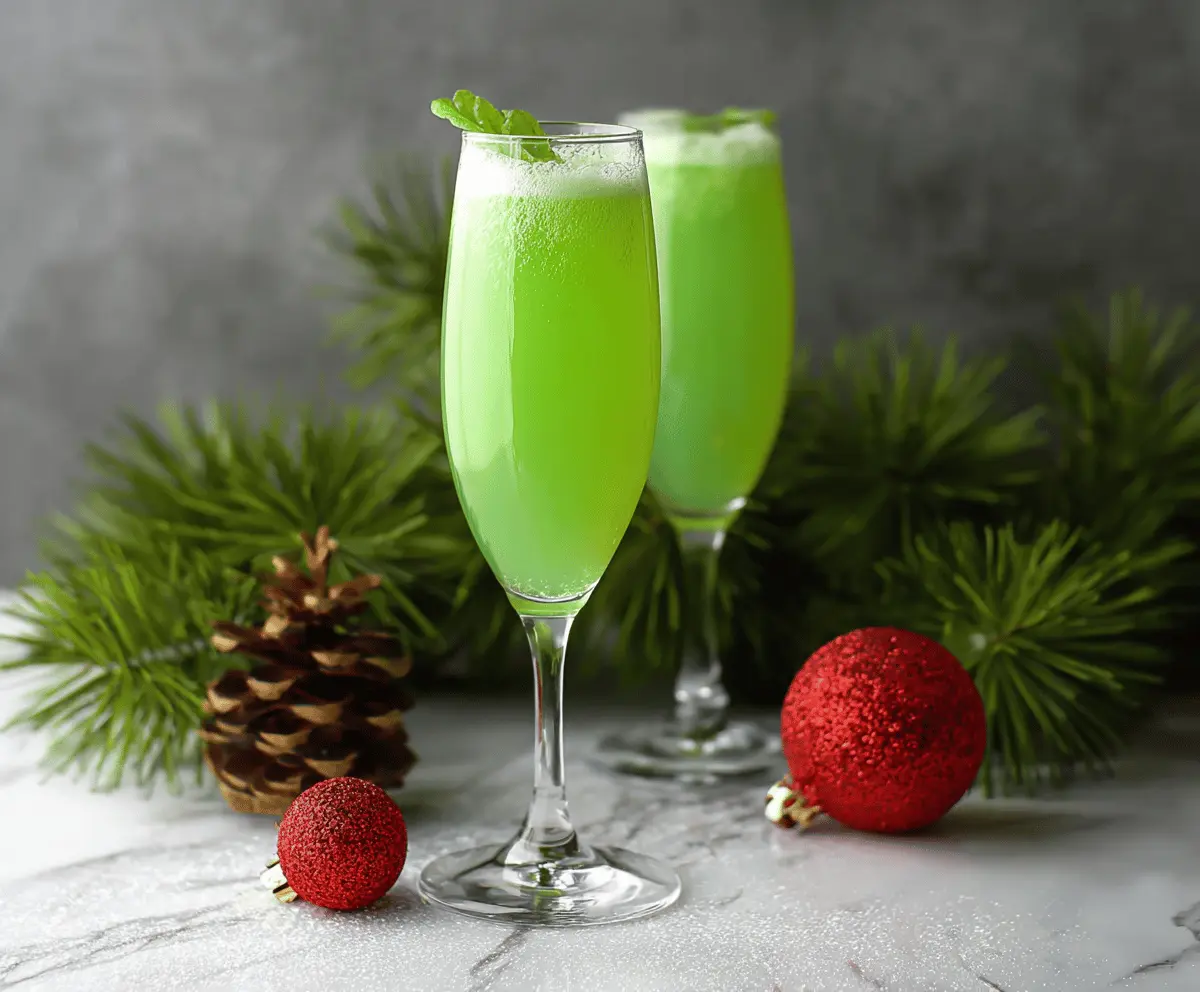 Festive Grinch Mimosa in a glass with green beverage and holiday garnish for Christmas brunch.