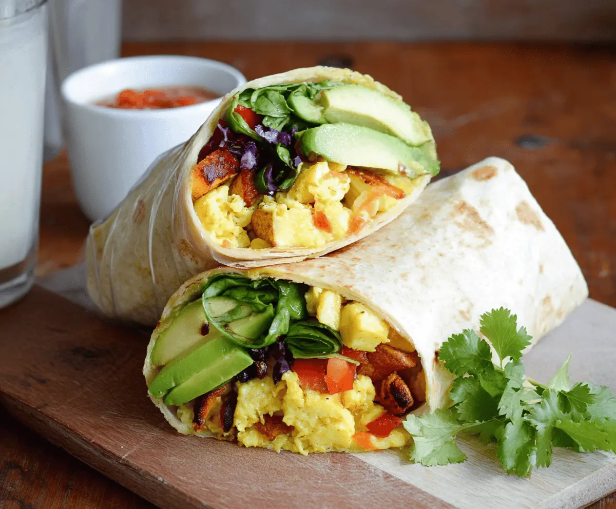Healthy breakfast burrito filled with fresh vegetables, eggs, and cheese, wrapped in a soft tortilla.