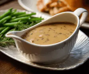 Creamy Herbed Turkey Gravy served over roasted turkey with fresh herbs.
