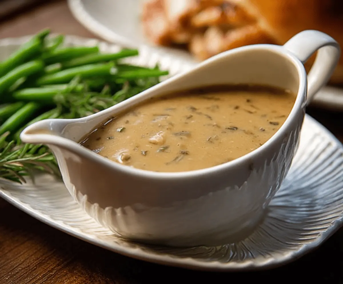 Creamy Herbed Turkey Gravy served over roasted turkey with fresh herbs.