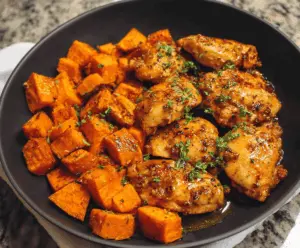 Delicious Honey Garlic Chicken served with roasted sweet potatoes on a plate.