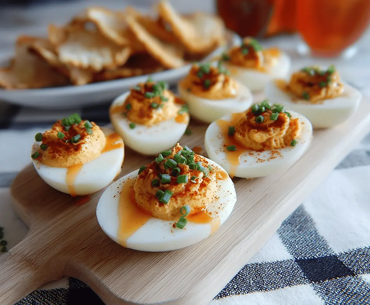 Delicious Hot Honey Deviled Eggs garnished with herbs on a white plate, perfect for appetizers.