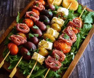 Colorful Italian antipasto skewers featuring fresh vegetables, cheese, and cured meats on wooden sticks.