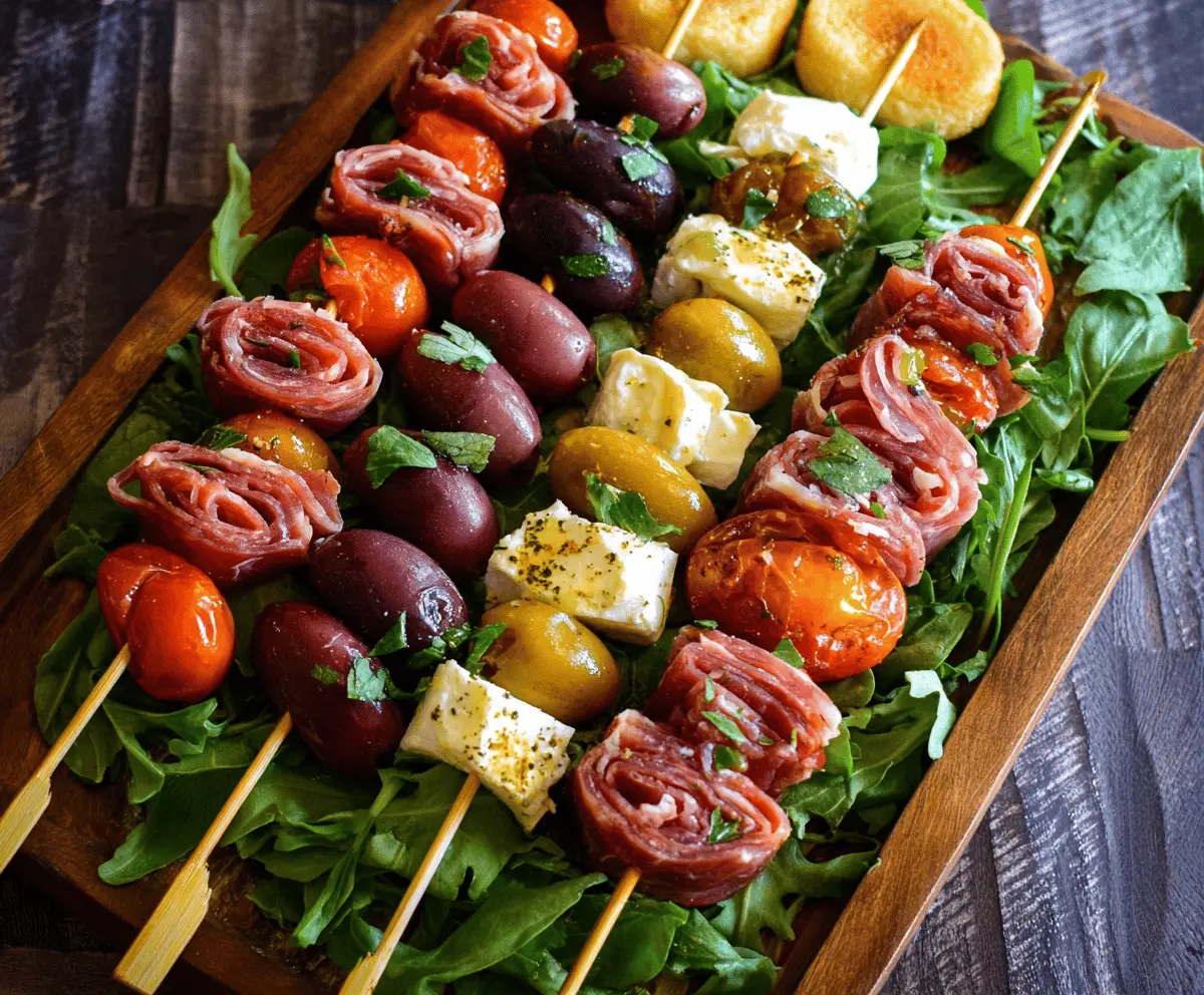 Colorful Italian antipasto skewers featuring fresh vegetables, cheese, and cured meats on wooden sticks.