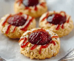 Delicious Italian Raspberry Thumbprint Cookies with fresh raspberries and shiny glaze on a white plate