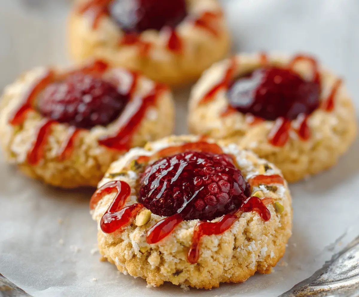 Delicious Italian Raspberry Thumbprint Cookies with fresh raspberries and shiny glaze on a white plate