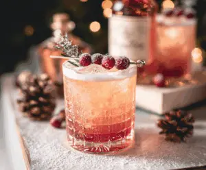 Festive Kris Kringle's Jingle Batch Cocktail with colorful holiday garnishes on a holiday table.