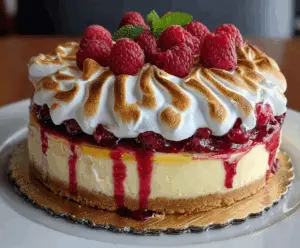 Creamy Lemon Raspberry Meringue Cheesecake topped with fresh raspberries and golden meringue layers