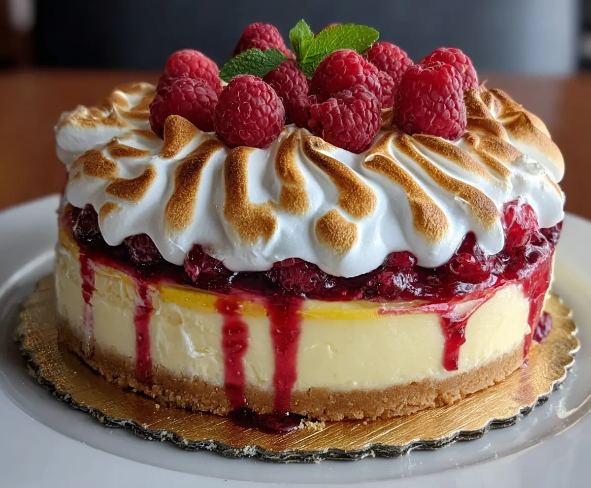 Creamy Lemon Raspberry Meringue Cheesecake topped with fresh raspberries and golden meringue layers