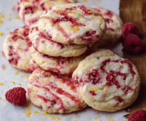 Delicious Lemonade Raspberry Cookies on a plate with fresh raspberries and lemon slices.