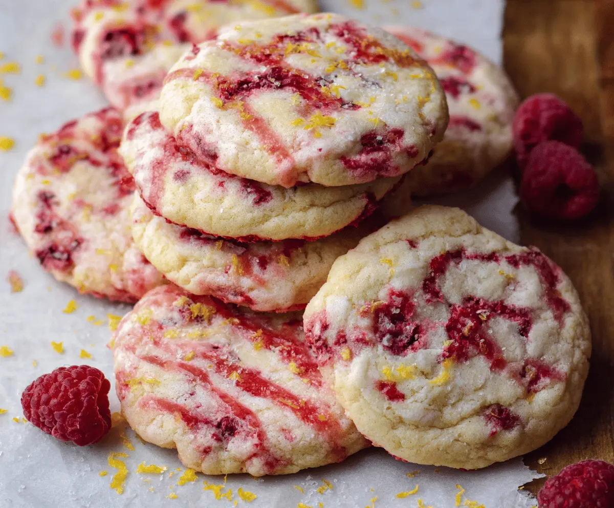 Delicious Lemonade Raspberry Cookies on a plate with fresh raspberries and lemon slices.