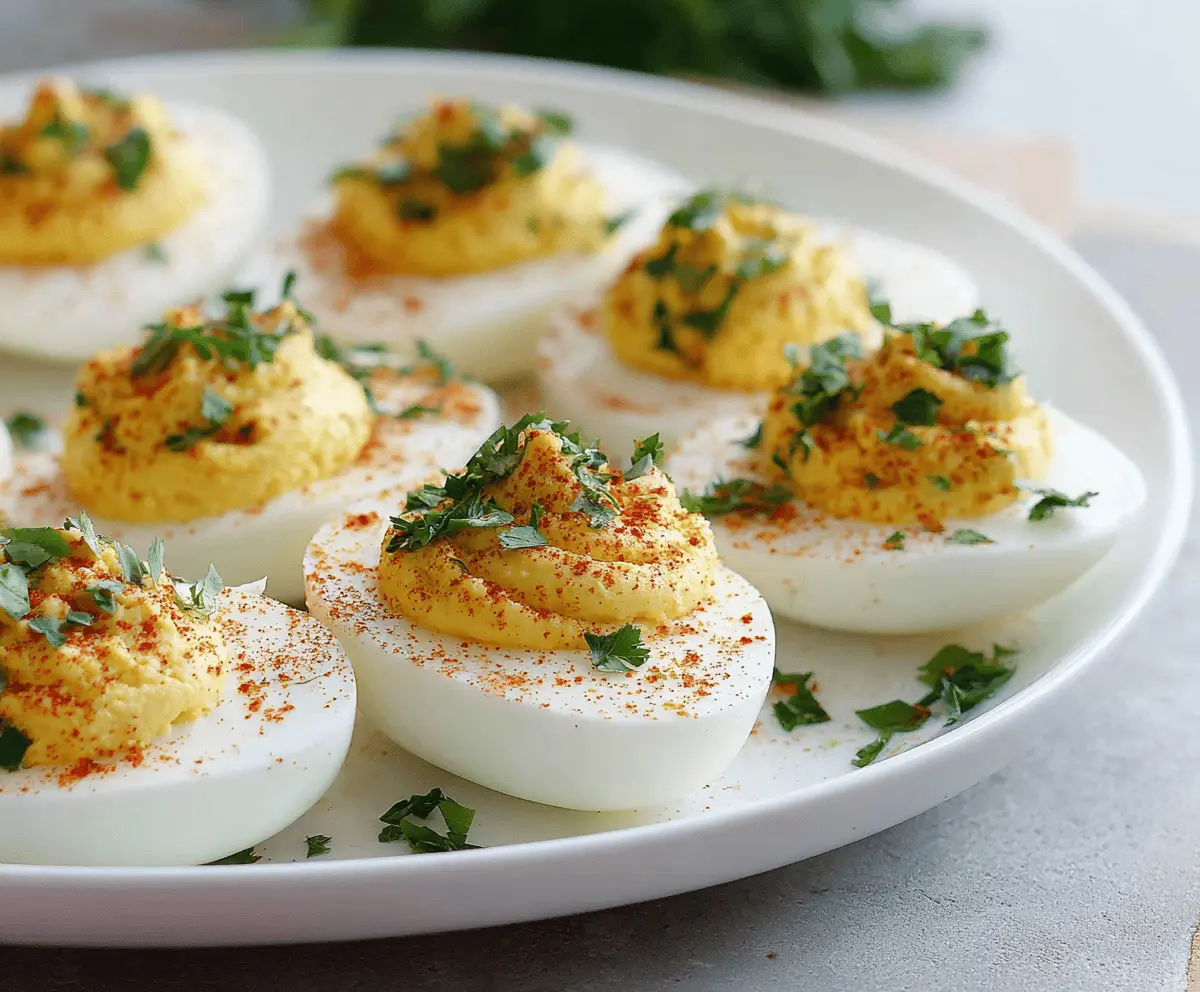 Delicious low-carb deviled eggs garnished with paprika on a white plate.