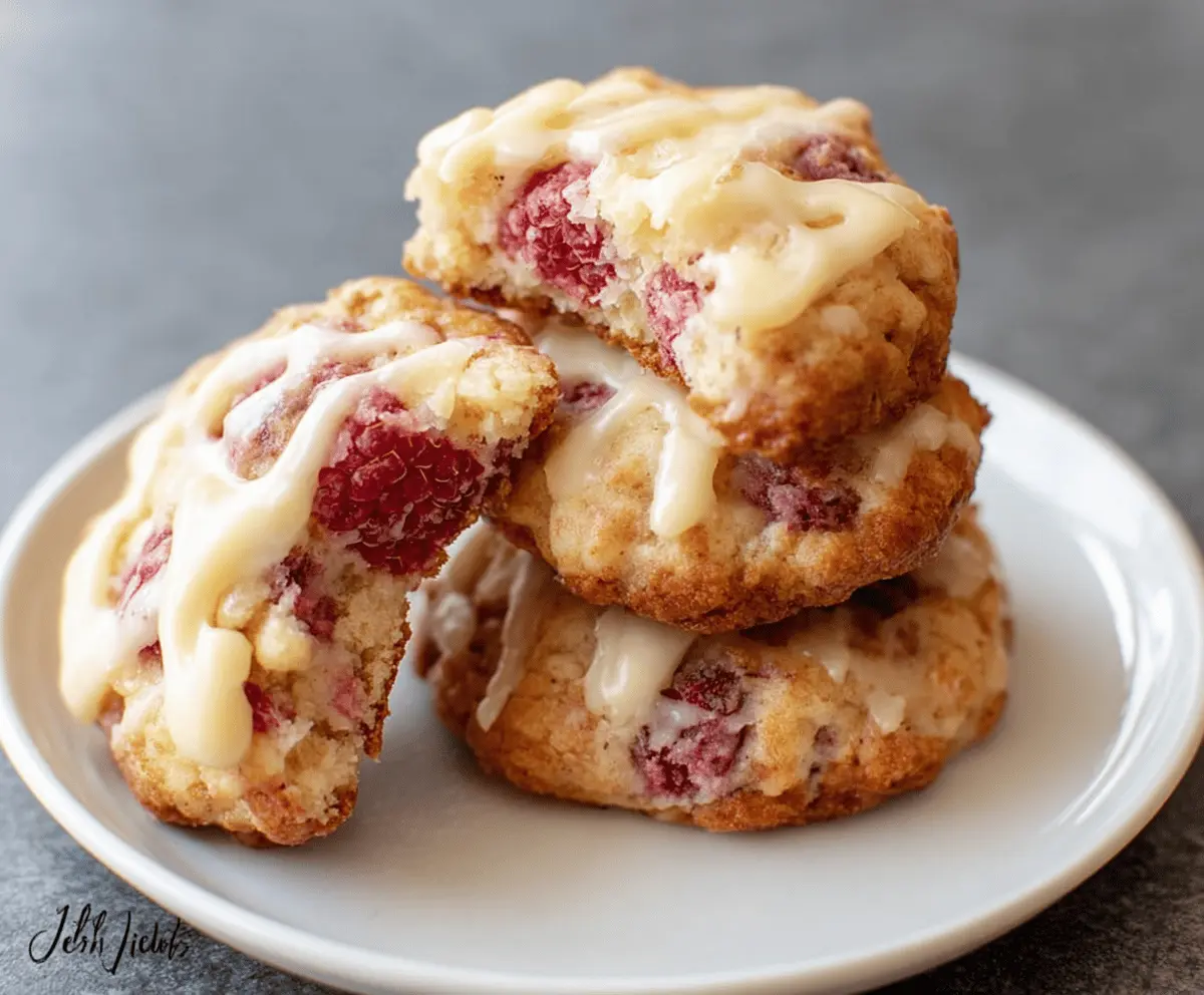 Delicious low carb raspberry cheesecake cookies on a plate with fresh raspberries.