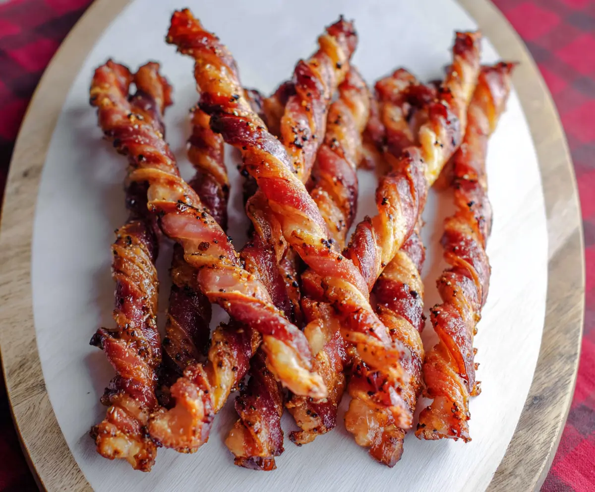 Delicious Maple Bacon Twists with crispy bacon and sweet maple glaze on a rustic plate.