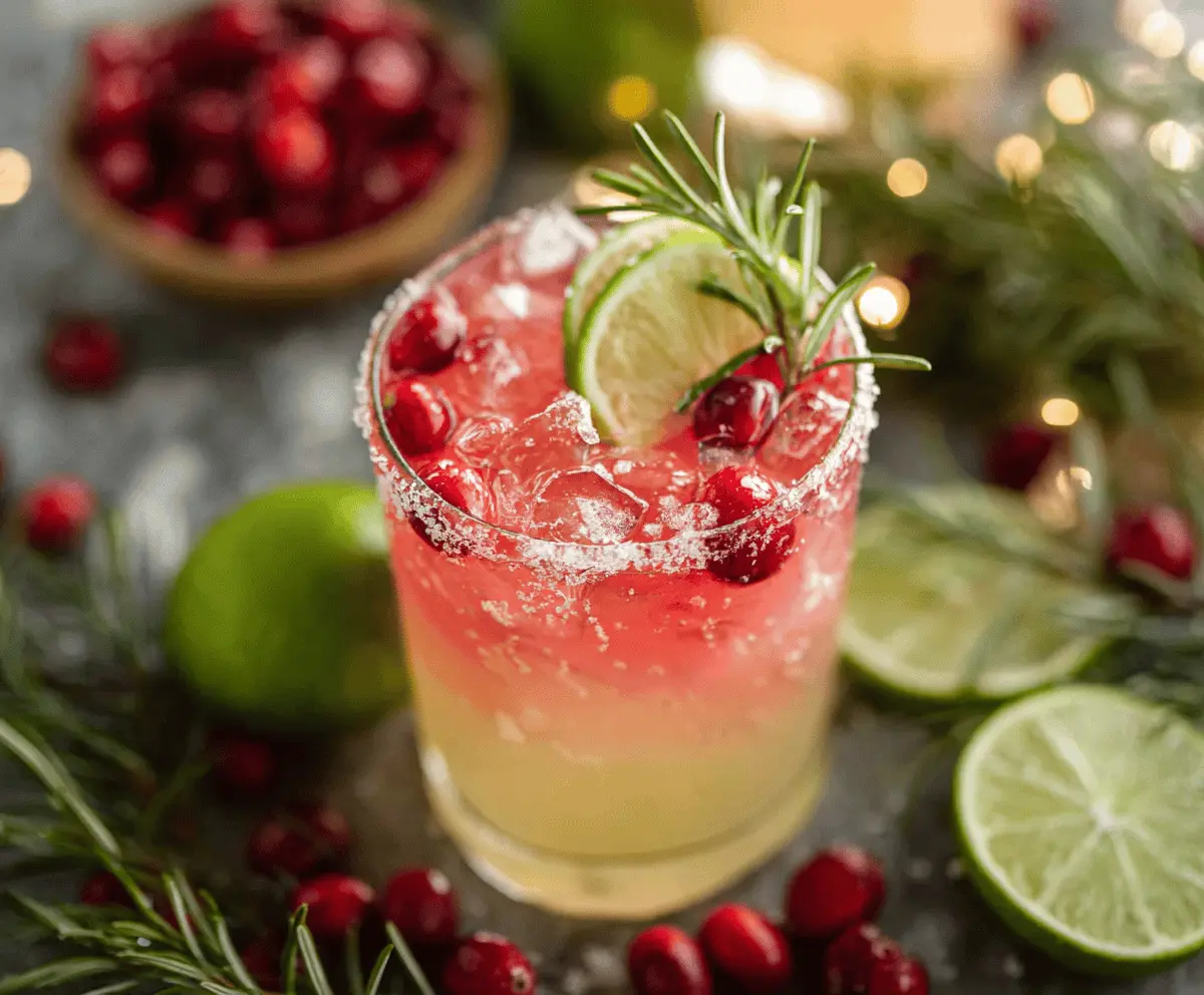 Festive Mistletoe Margarita drink garnished with fresh mistletoe leaves and lime slice for holiday celebration.