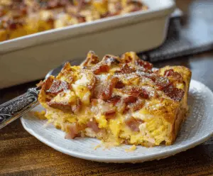 Delicious Monte Cristo Breakfast Casserole topped with melted cheese and fresh herbs.