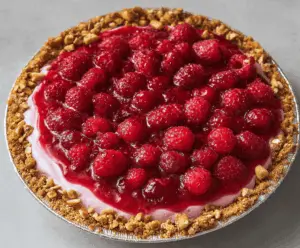 Delicious No-Bake Raspberry Pretzel Pie with a crunchy crust and fresh raspberry topping.
