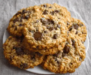 Homemade oatmeal chocolate chip cookies on a baking tray, ready to enjoy.