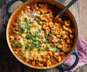 Delicious one pot chili mac and cheese served in a bowl with melted cheese and herbs.