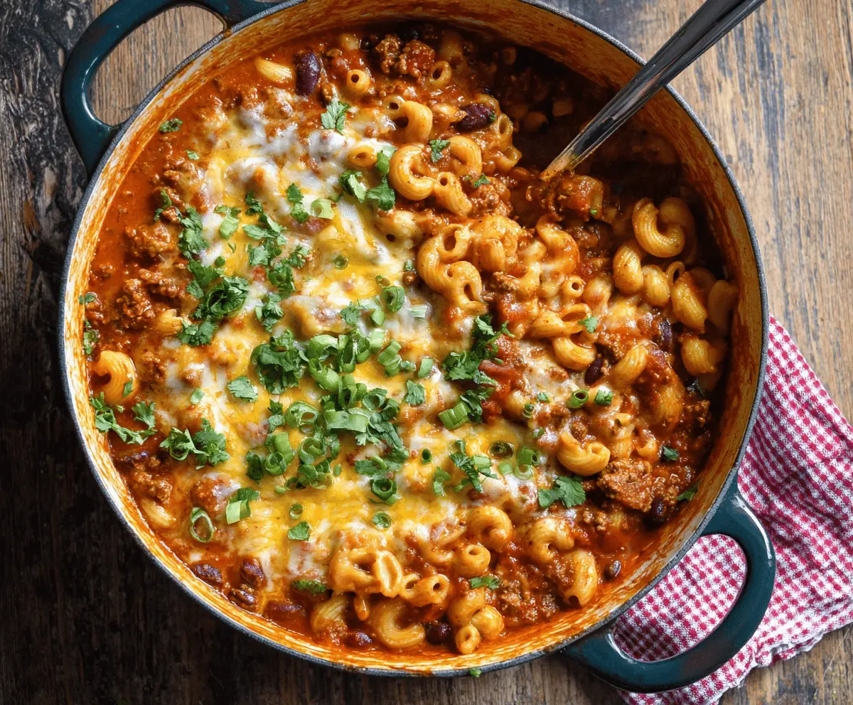 Delicious one pot chili mac and cheese served in a bowl with melted cheese and herbs.