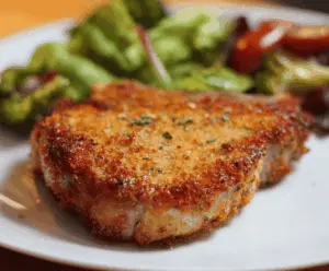 Golden Parmesan crusted pork chops served with fresh herbs and vegetables.