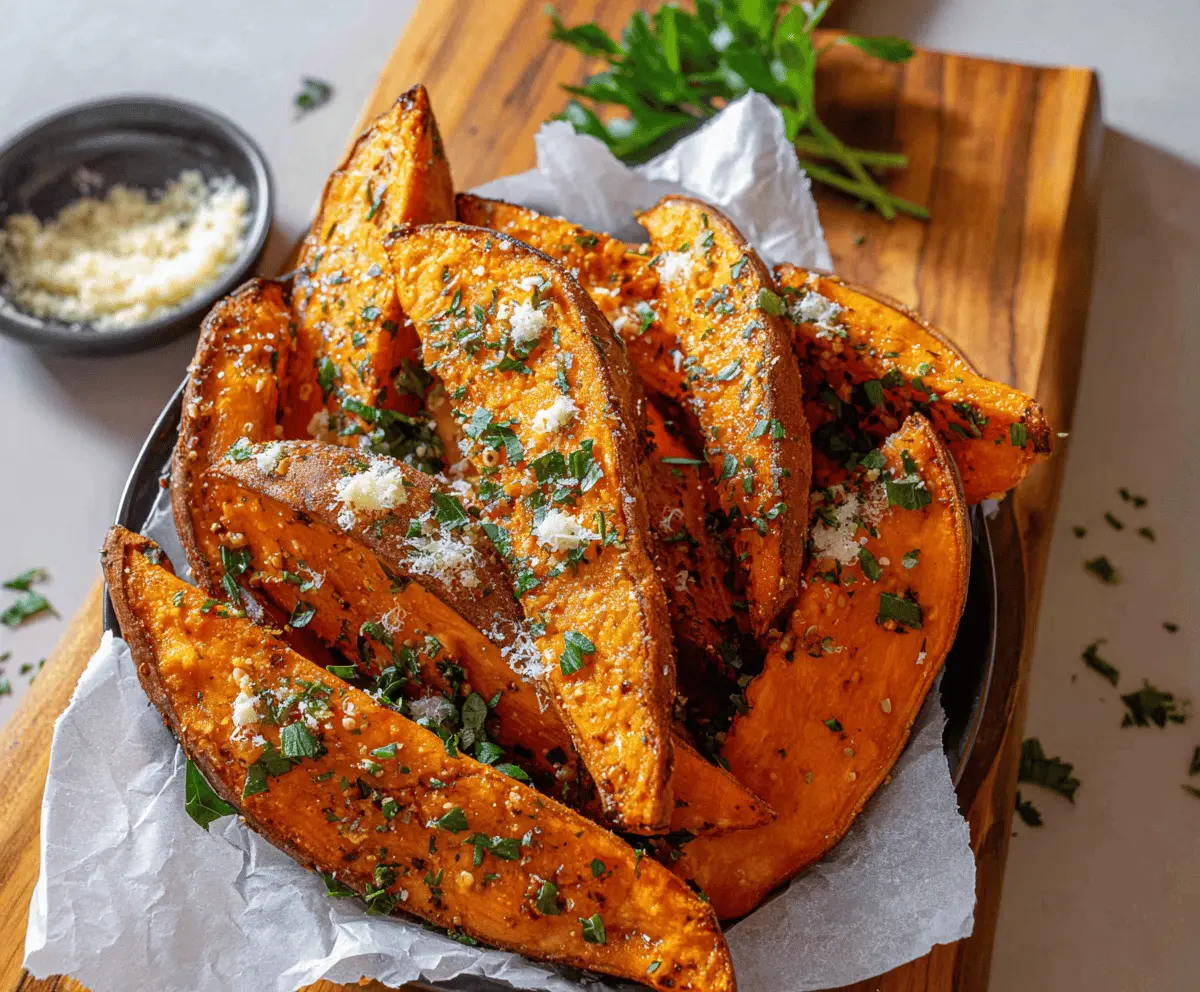 Delicious Parmesan Garlic Sweet Potato Wedges served on a rustic plate