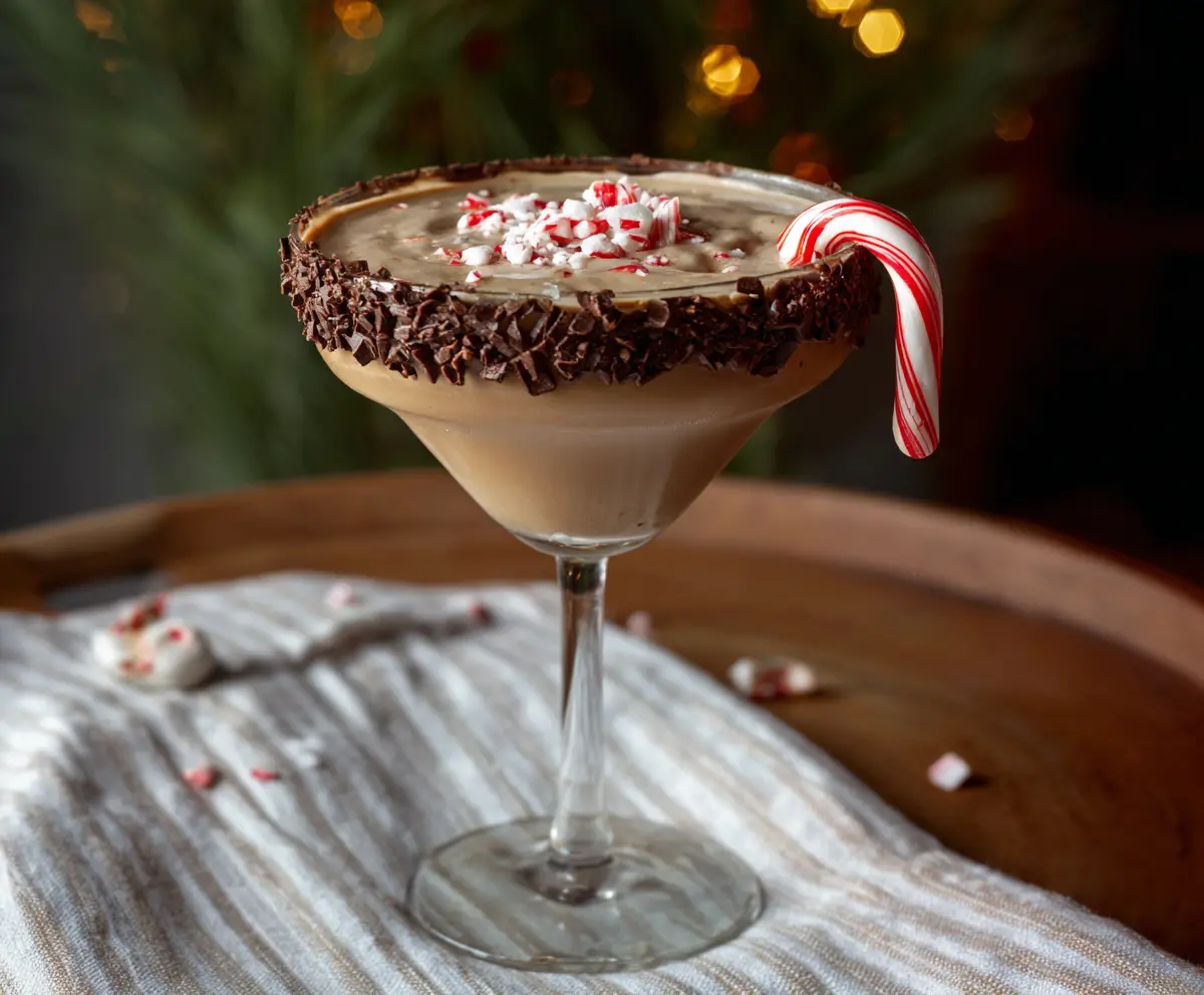A festive Peppermint Mocha Martini garnished with whipped cream and peppermint candy on a holiday table.