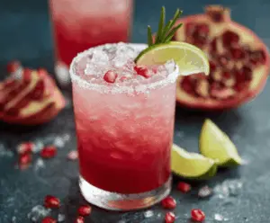 Refreshing Pomegranate Paloma cocktail garnished with fresh lime and pomegranate seeds.