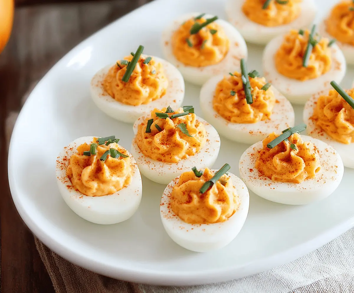 Creamy pumpkin deviled eggs garnished with fresh herbs on a festive platter