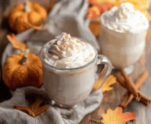 Creamy pumpkin white hot chocolate topped with whipped cream and a cinnamon sprinkle, perfect for fall cozy nights.