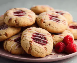 Delicious Raspberry Almond Butter Cookies on a plate, perfect for a healthy snack or dessert.