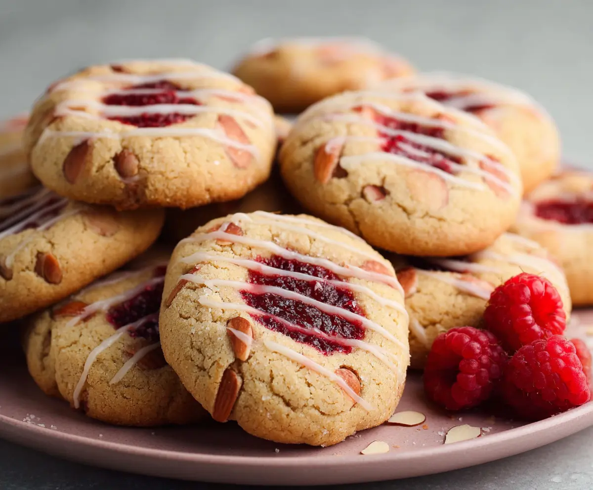 Delicious Raspberry Almond Butter Cookies on a plate, perfect for a healthy snack or dessert.