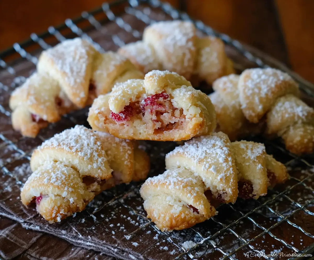 Delicious Raspberry Almond Crescent Cookies on a decorative plate, showcasing golden-brown pastry filled with raspberry jam and almond slices.