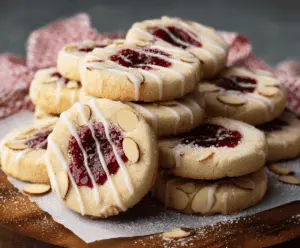 Delicious raspberry almond shortbread cookies garnished with fresh raspberries and sliced almonds.