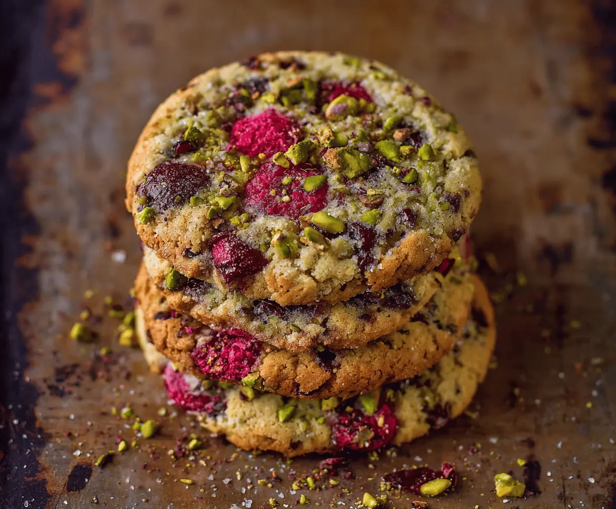 Delicious raspberry and pistachio cookies featuring a vibrant mix of fresh berries and crunchy nuts.