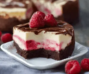 Decadent Raspberry Brownie Cheesecake with a rich chocolate crust and fresh raspberry topping.