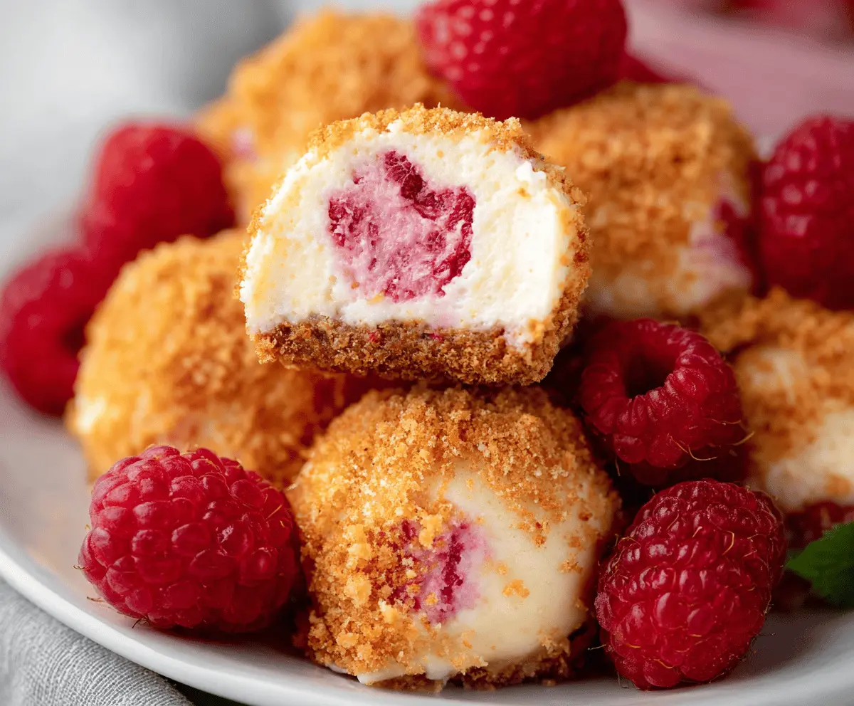 Delicious Raspberry Cheesecake Bites on a plate with fresh raspberries and mint garnish