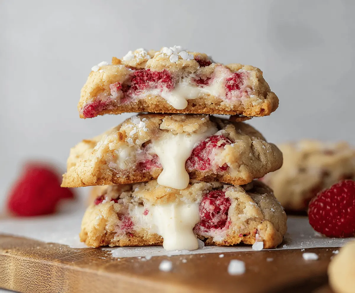 Delicious Raspberry Cheesecake Stuffed Cookies with fresh raspberries and creamy cheesecake filling.
