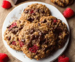 Delicious raspberry chocolate oatmeal cookies with a glossy chocolate drizzle and fresh raspberries on a rustic plate.