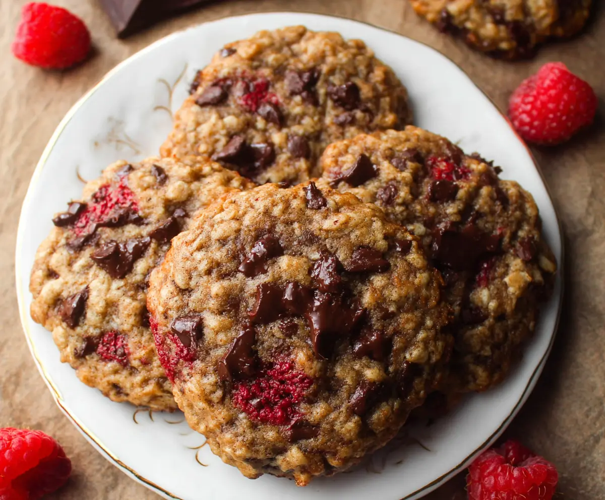 Delicious raspberry chocolate oatmeal cookies with a glossy chocolate drizzle and fresh raspberries on a rustic plate.