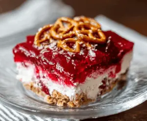 Delicious raspberry pretzel dessert with creamy topping and crunchy pretzel crust.